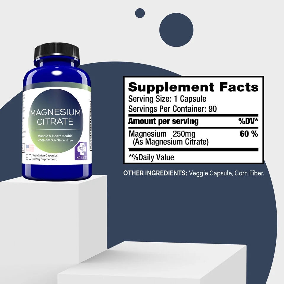 Magnesium Citrate Supplement 250 mg, 90 Capsules K1104