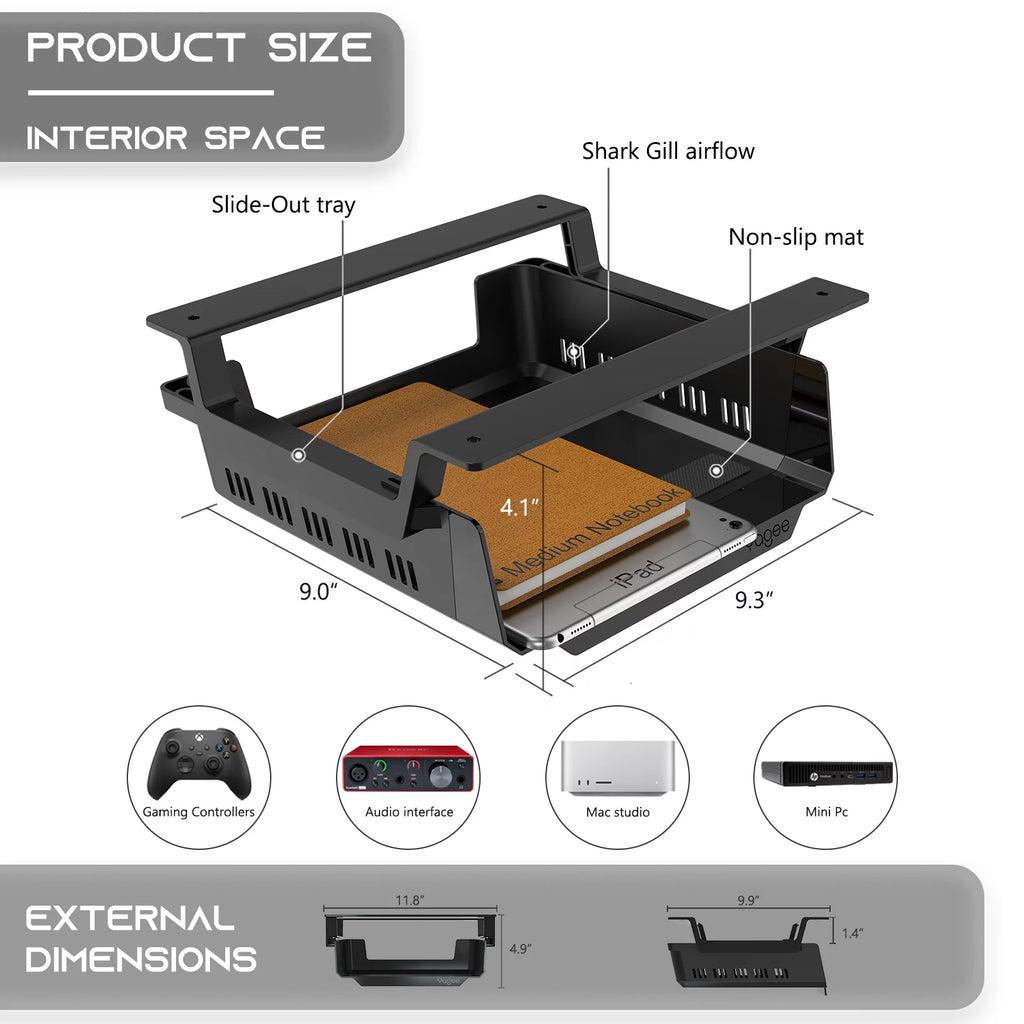 YaGee Under Desk Storage Shelf, Self-Adhesive Tray for Standing Desk, Black W21501