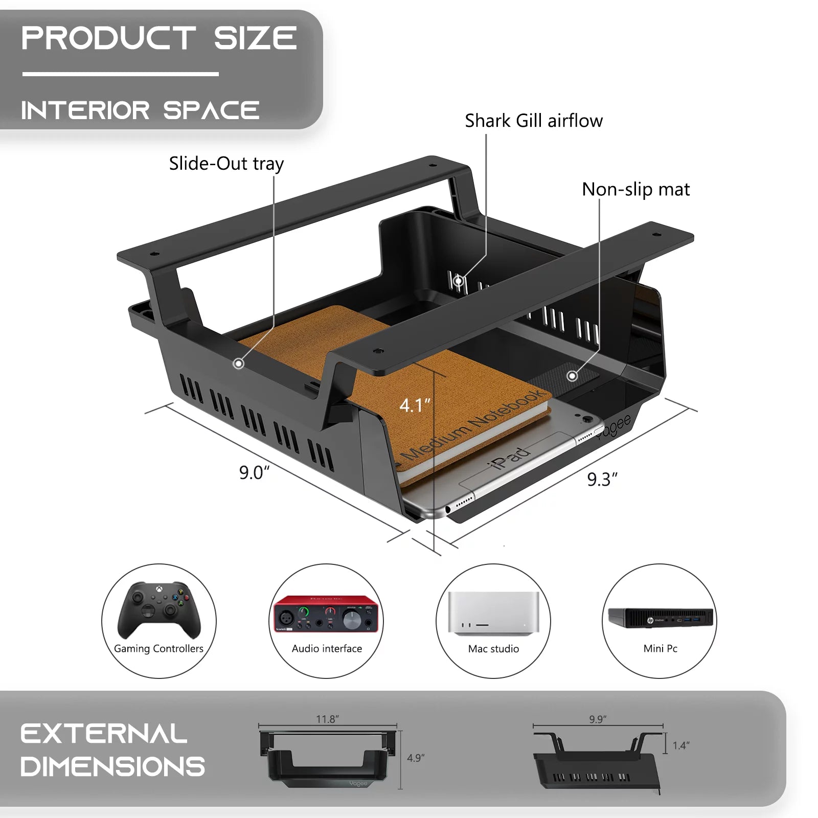 YaGee Under Desk Storage Shelf, Self-Adhesive Tray for Standing Desk, Black W21501