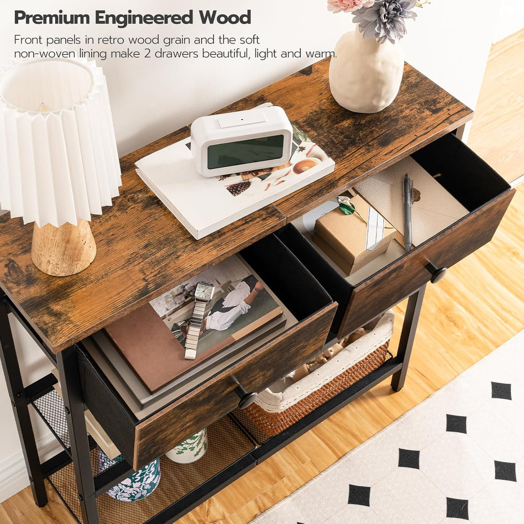 HOOBRO Narrow Console Table with 2 Fabric Drawers and Charging Station, Rustic Brown and Black H1095