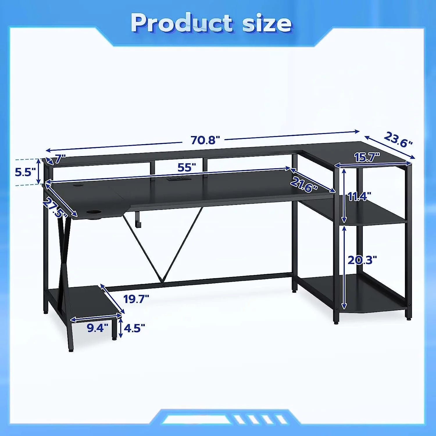 70.8'' Computer Desk with LED Lights and Storage Shelves, Black J414040