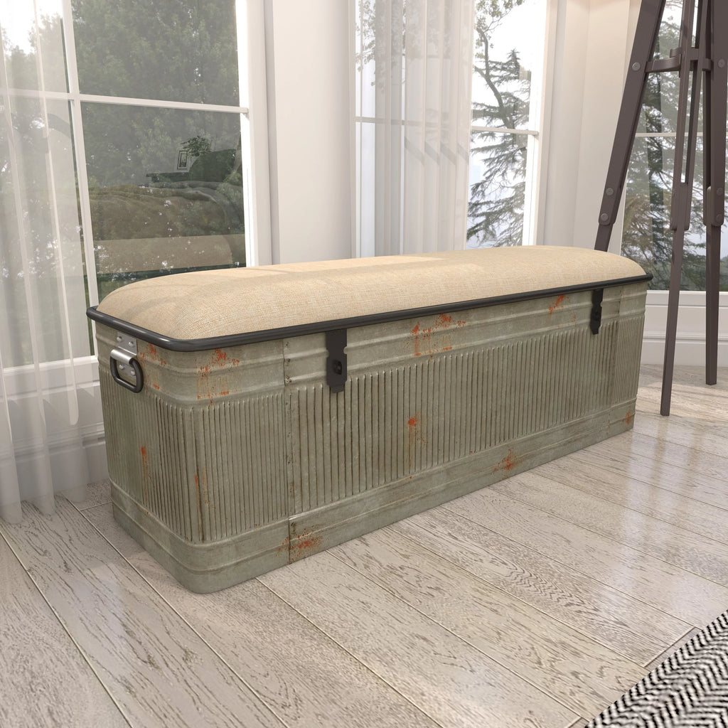 DecMode Metal Galvanized Storage Bench with Cream Burlap Top K1740