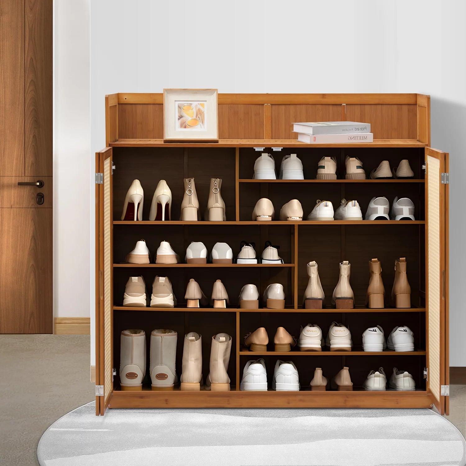 Magshion Bamboo 7-Tier Shoe Cabinet with Folding Rattan Doors O670