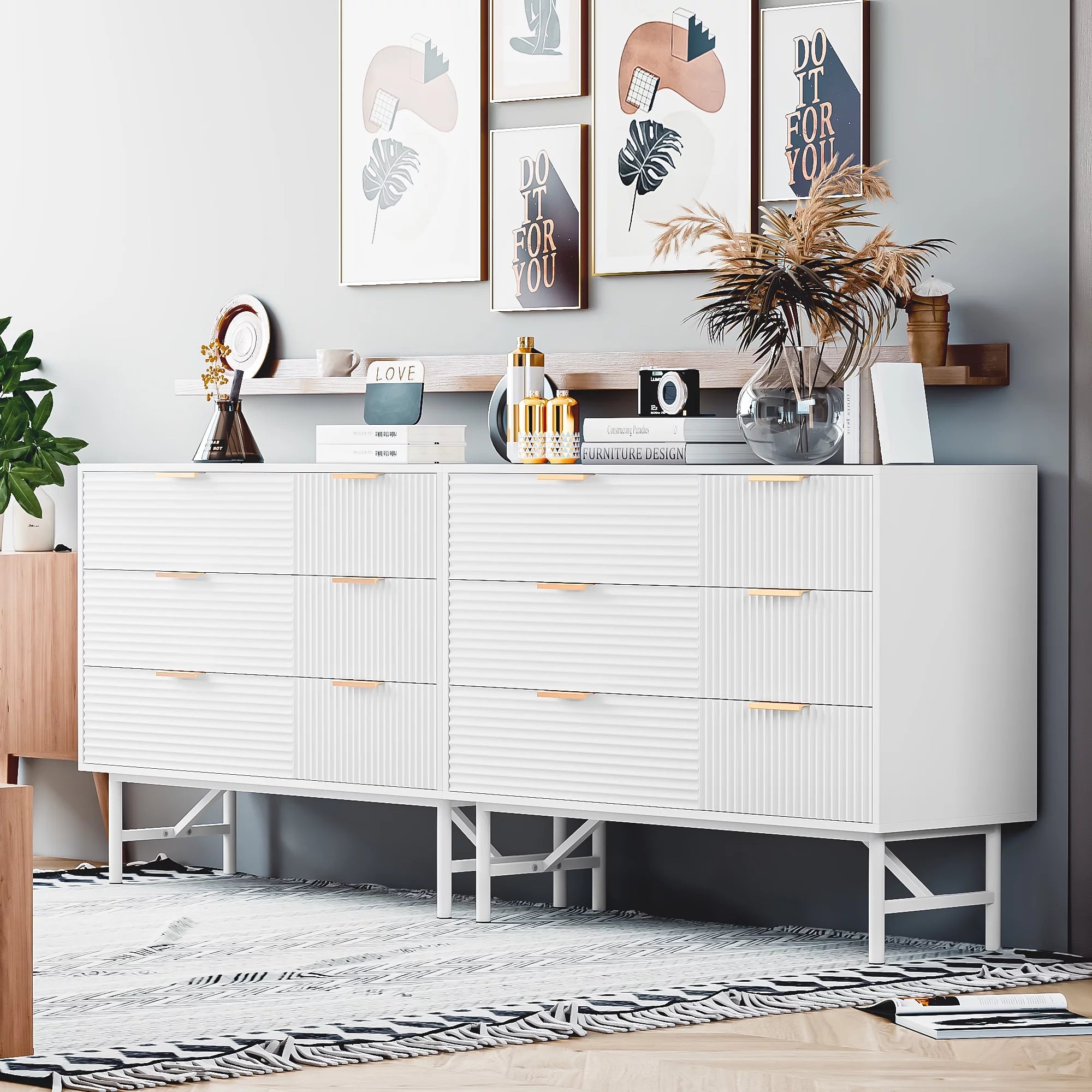 Homfa 6 Drawer Dresser for Bedroom, Creamy Wave Panel Wood Storage Cabinet C269