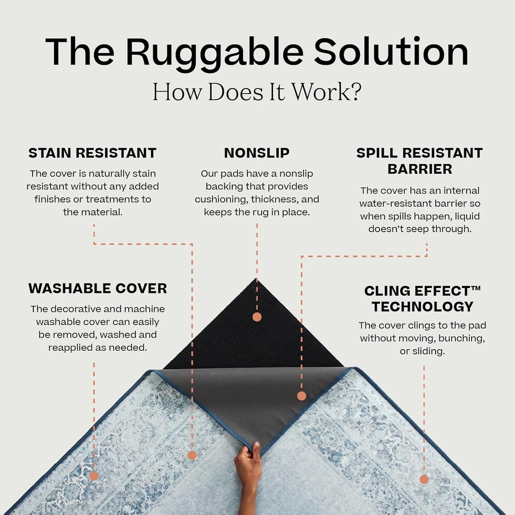 RUGGABLE Kamran Washable Area Rug 8x10 Blue Quartz C746