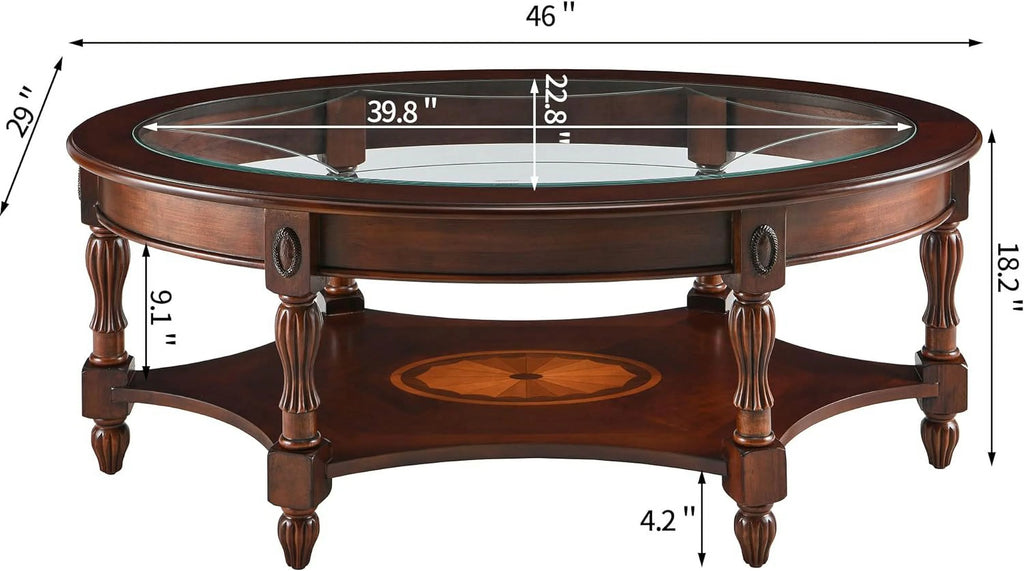 Oval Solid Wood Coffee Table with Glass Top, Cherry Walnut, 46"x29"x18.2" K38367