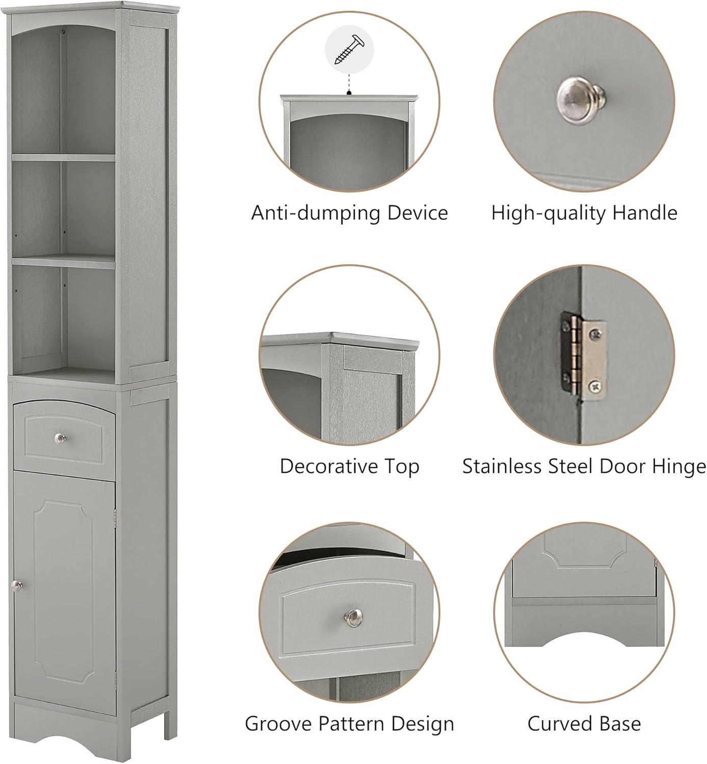 Tall Slim Bathroom Storage Cabinet with 3-Tier Shelf and Drawer, Grey M889