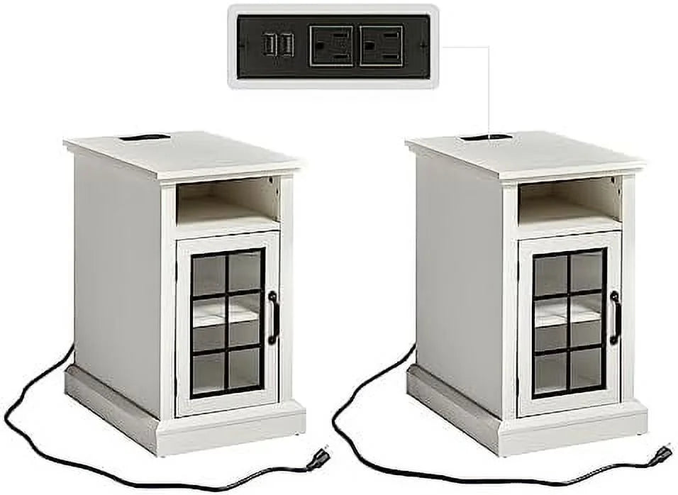 Set of 2 End Table with Charging Station&amp;USB Ports   Side Table Cabinet with Glass Door for Living Room  Bedroom  Distressed White