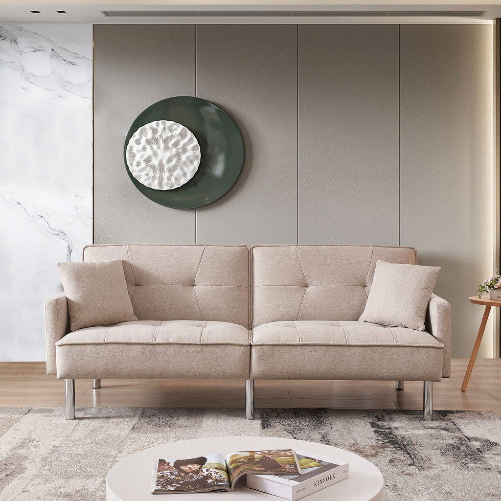 Moootto 84.6 in. Extra Long Tufted Beige Fabric Futon Sofa Bed P625