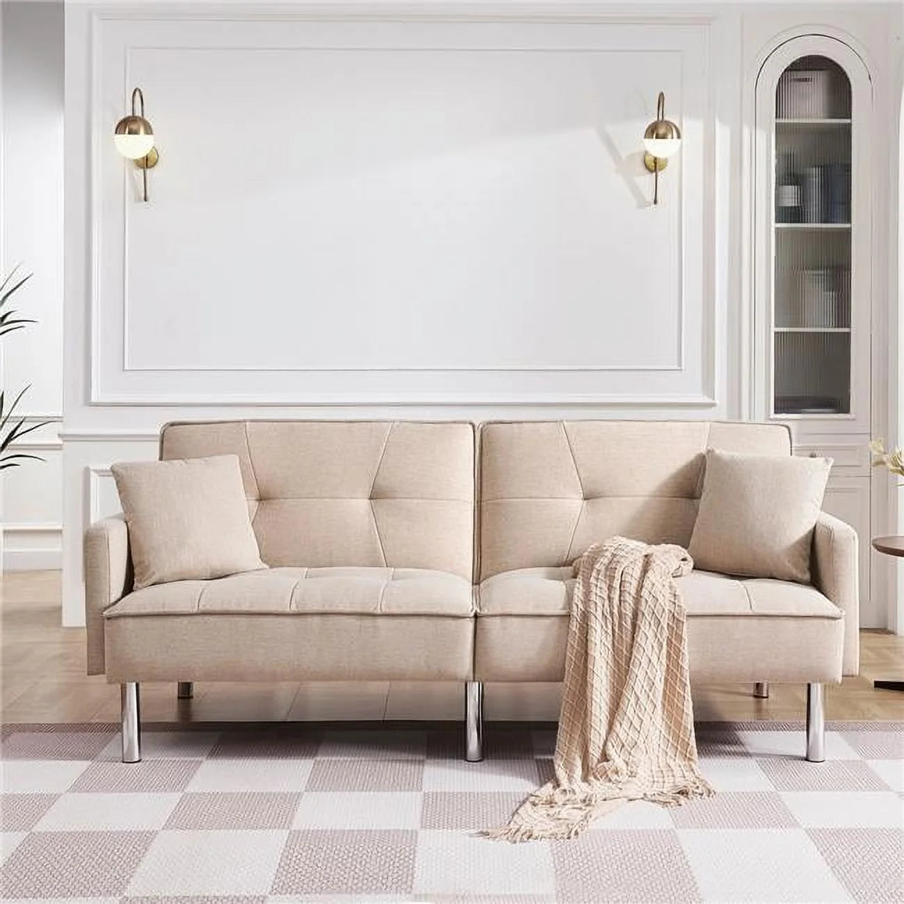 Moootto  84.6 in. Extra Long Modern Tufted Beige Fabric Futon Adjustable Sofa Bed & Folding Daybed Guest Bed, Upholstered Modern Convertible Sofa
