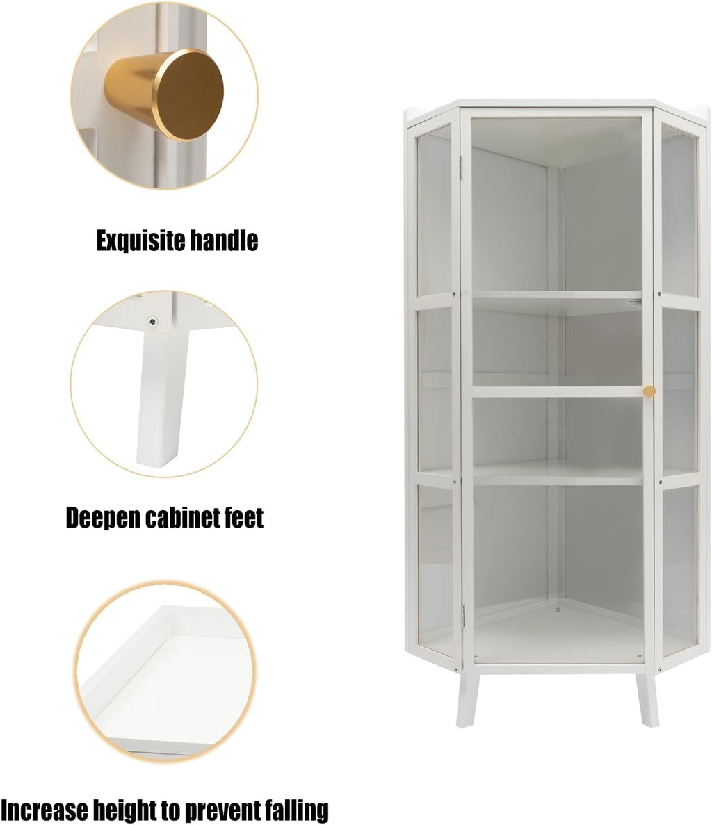 Tall Corner Storage Cabinet with Clear Door, 3-Tier Freestanding Shelves, White I118