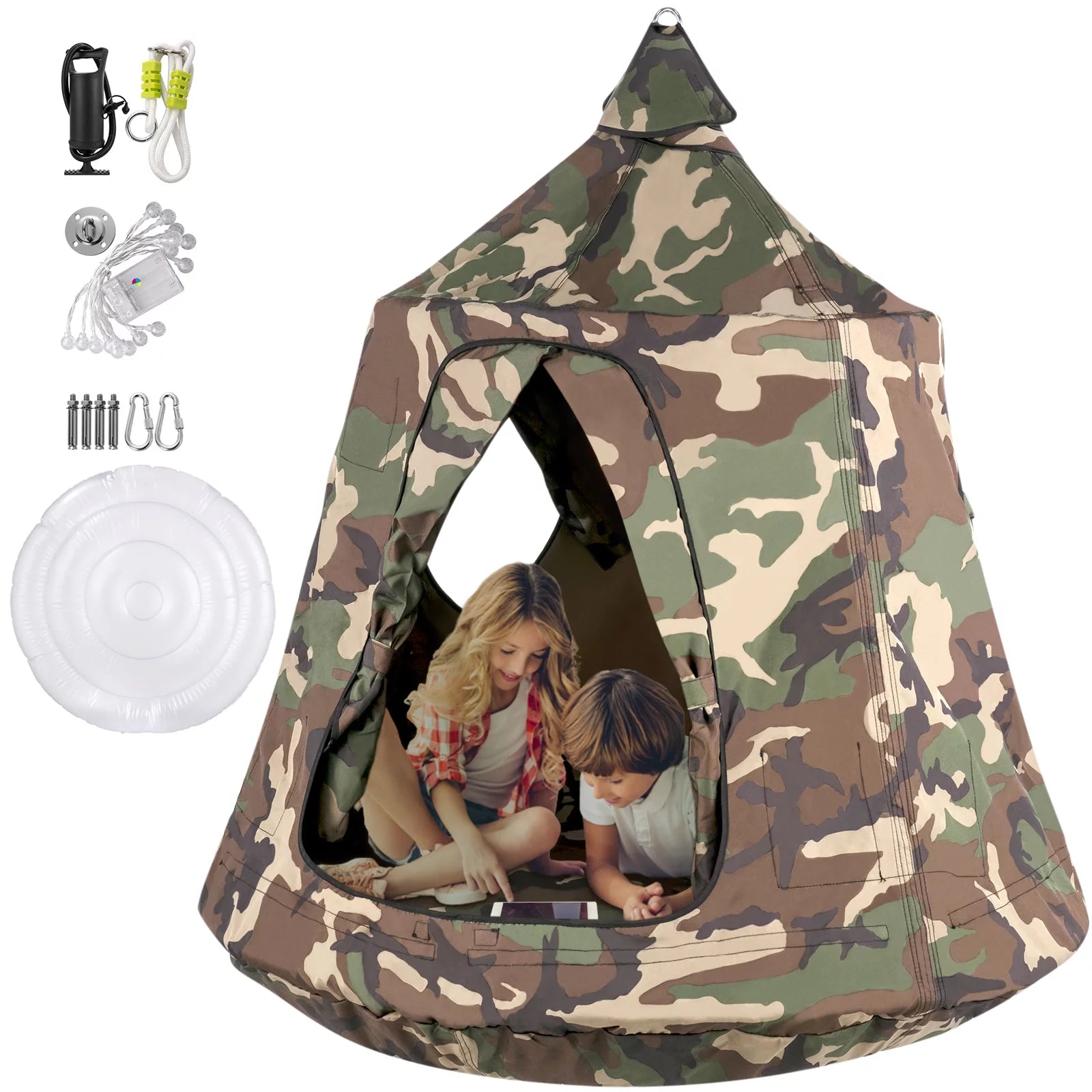 VEVORbrand Hanging Tree Tent, Max 440 lbs House Tree Tent Swing, Hangout Hugglepod with LED Rainbow Decoration Lights Inflatable Cushion, Ceiling Hammock Tent Suit for Kids & Adult Indoor Outdoor