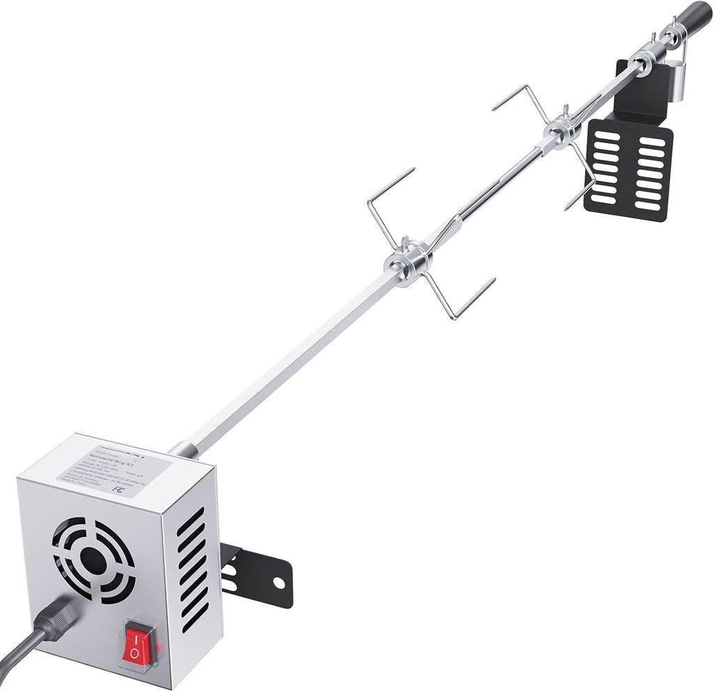 Heavy Duty Stainless Steel Grill Rotisserie Kit with 9W Motor - Automatic Grilling Attachment for Electric Bbq Grill - 32-Inch / 39-Inch Hexagon Spit Rod - 26 Lbs Capacity