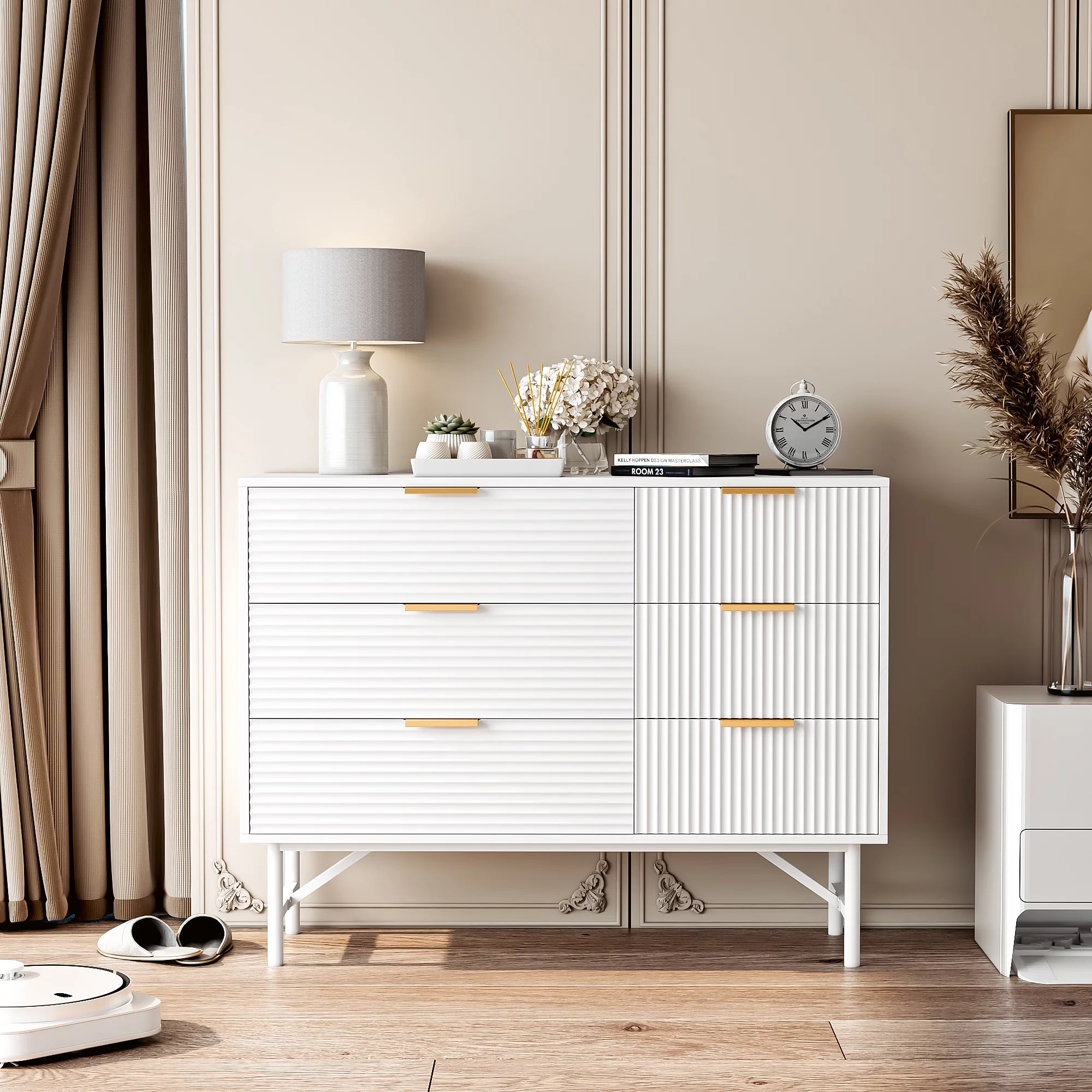 Homfa 6 Drawer Dresser for Bedroom, Creamy Wave Panel Wood Storage Cabinet C269
