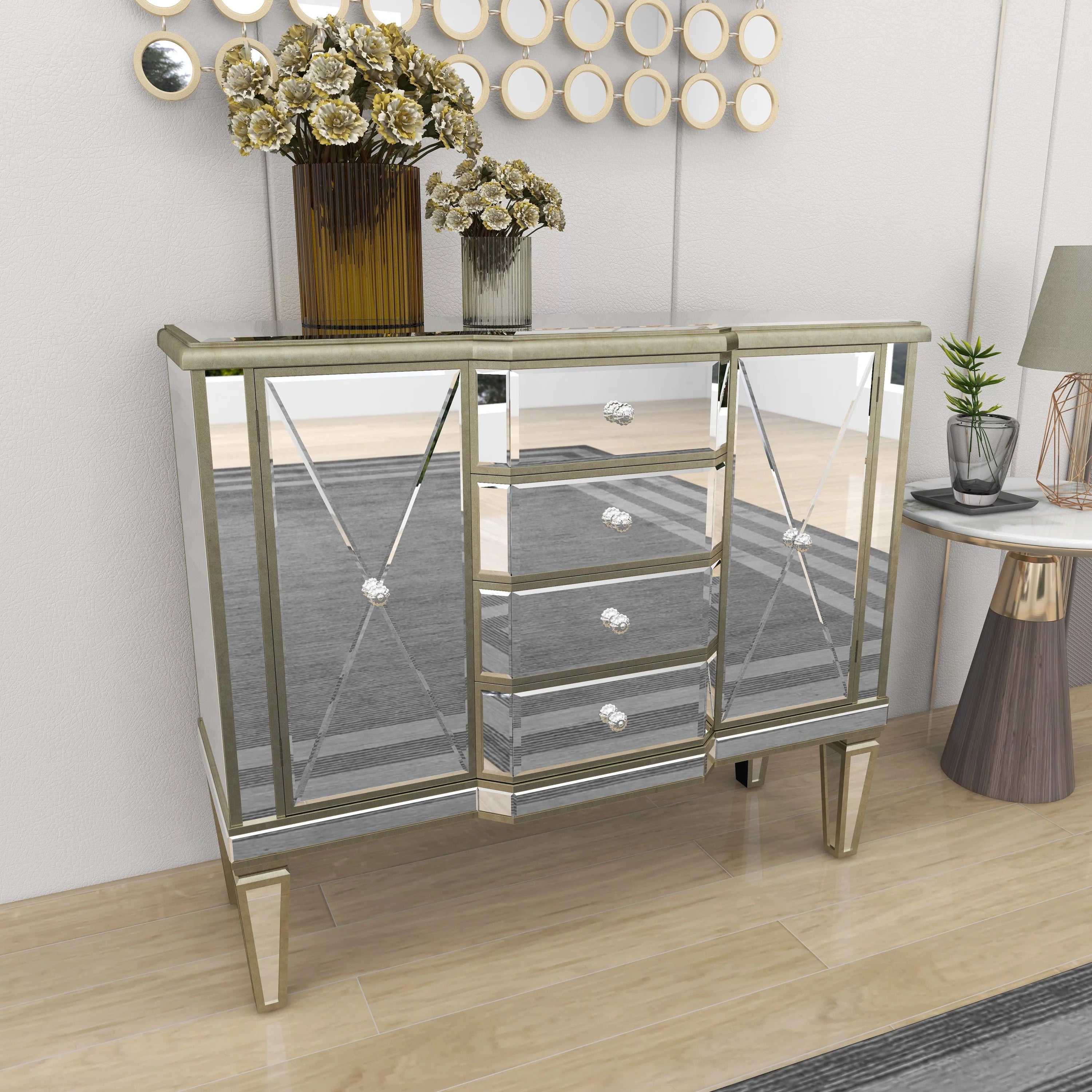 DecMode Silver Wood Mirrored Panel Buffet with 4 Drawers and 2 Doors L67333