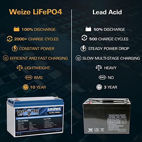 WEIZE 12V 100Ah LiFePO4 Lithium Battery with Smart BMS for RV, Solar, Marine C2217