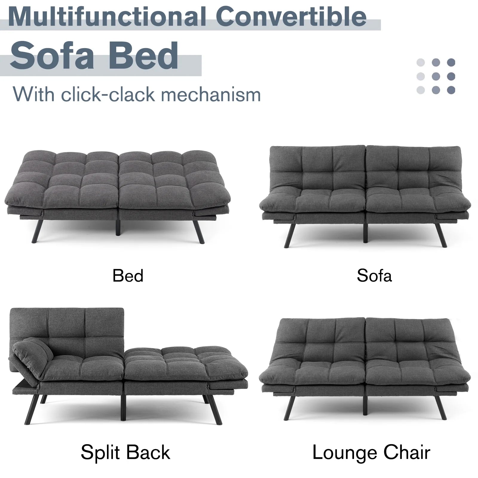 Futon Sofa Bed Memory Foam Convertible with Adjustable Backrest, Gray S303