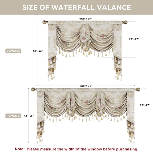Loom and Mill Luxury Jacquard Waterfall Valance, Floral Damask with Tassels, Pearly Beige, 79 Inch, 1 Panel K1125
