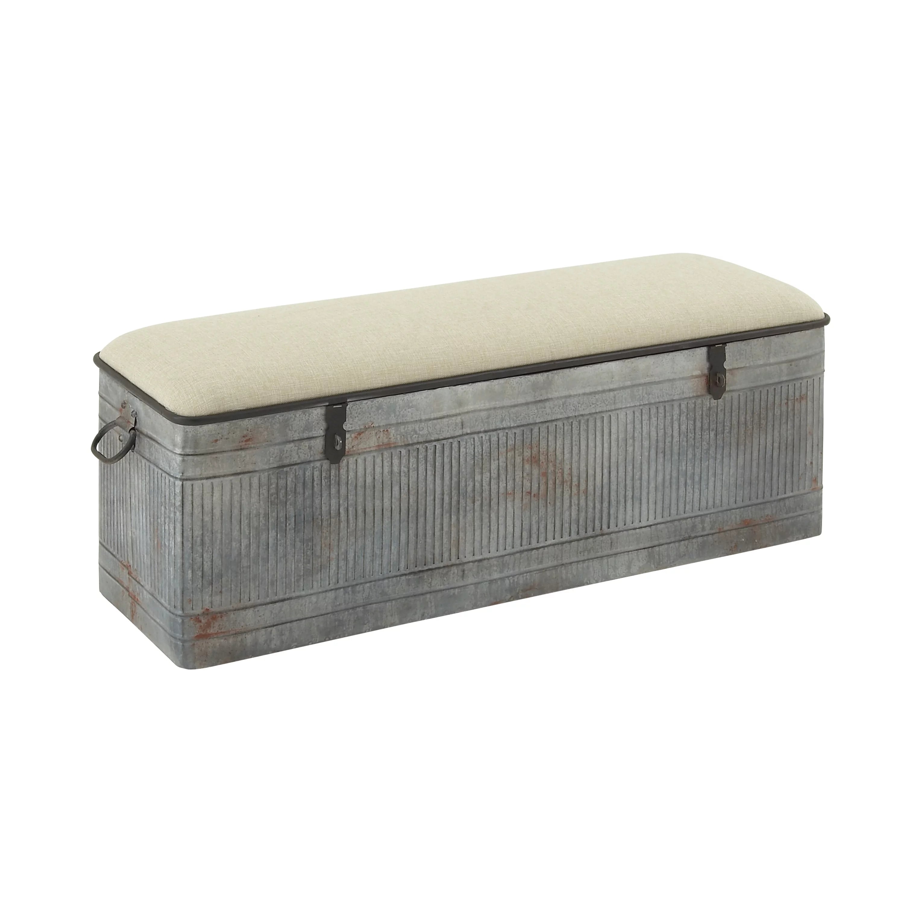 DecMode Metal Galvanized Storage Bench with Cream Burlap Top K1740