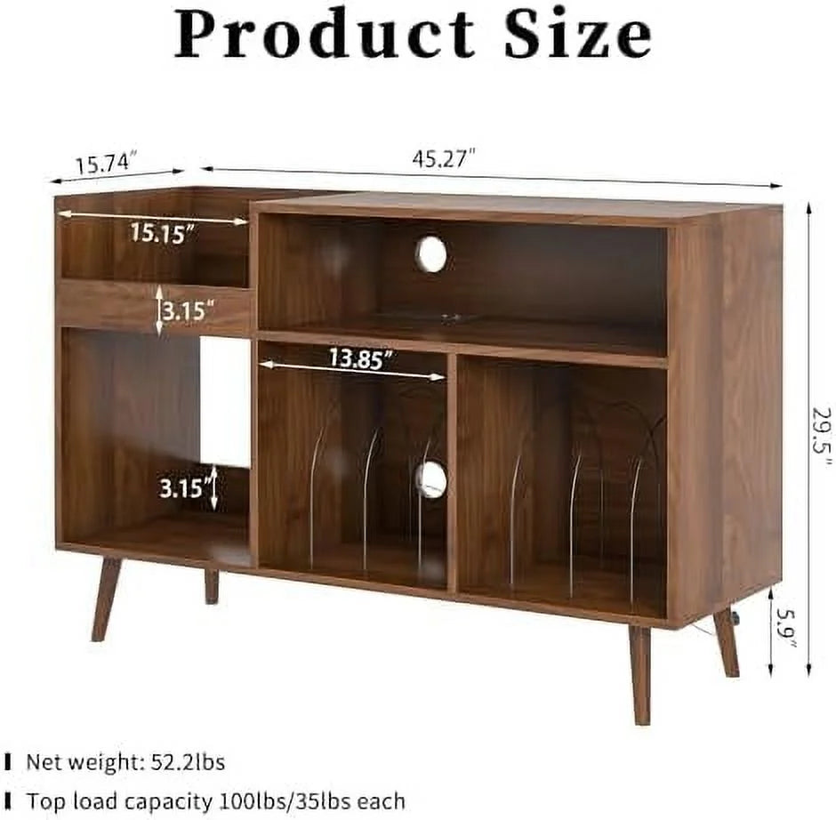 TJBOLIFE Mid-Century Record Player Stand with Vinyl Cabinet and Power Outlet H348