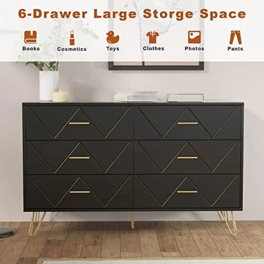 HOOMHIBIU 6 Drawer Dresser for Bedroom, Rustic Wood Chest, Black L41703