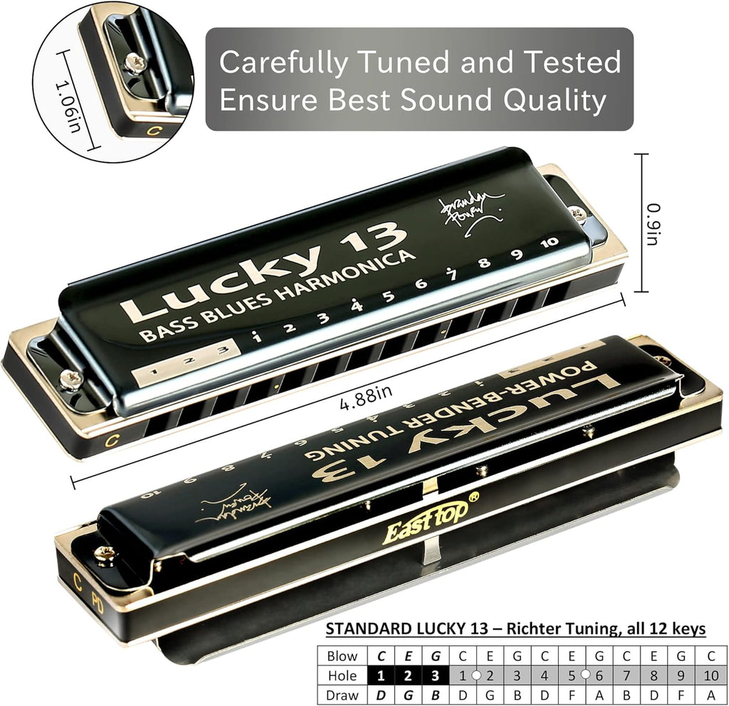 East top Lucky 13 Bass Plus Blues Harmonica 13 Holes Diatonic C Key A4010