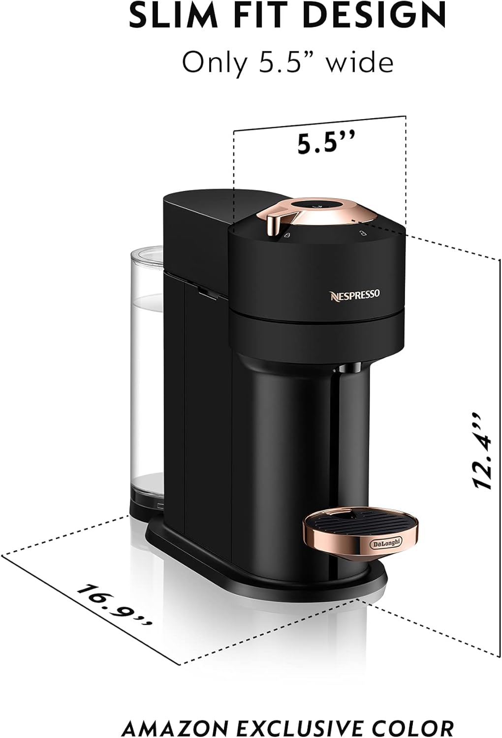 Nespresso Vertuo Next Coffee and Espresso Machine by De'Longhi with Milk Frother, Matte Black Rose Gold M3570