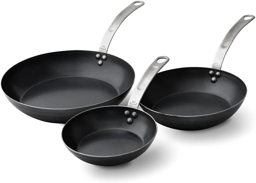 Made In Cookware - 3-Piece (Includes 8",10",12") Blue Carbon Steel Frying Pan Set - (Like Cast Iron, but Better) - Professional Cookware - Crafted In France - Induction Compatible