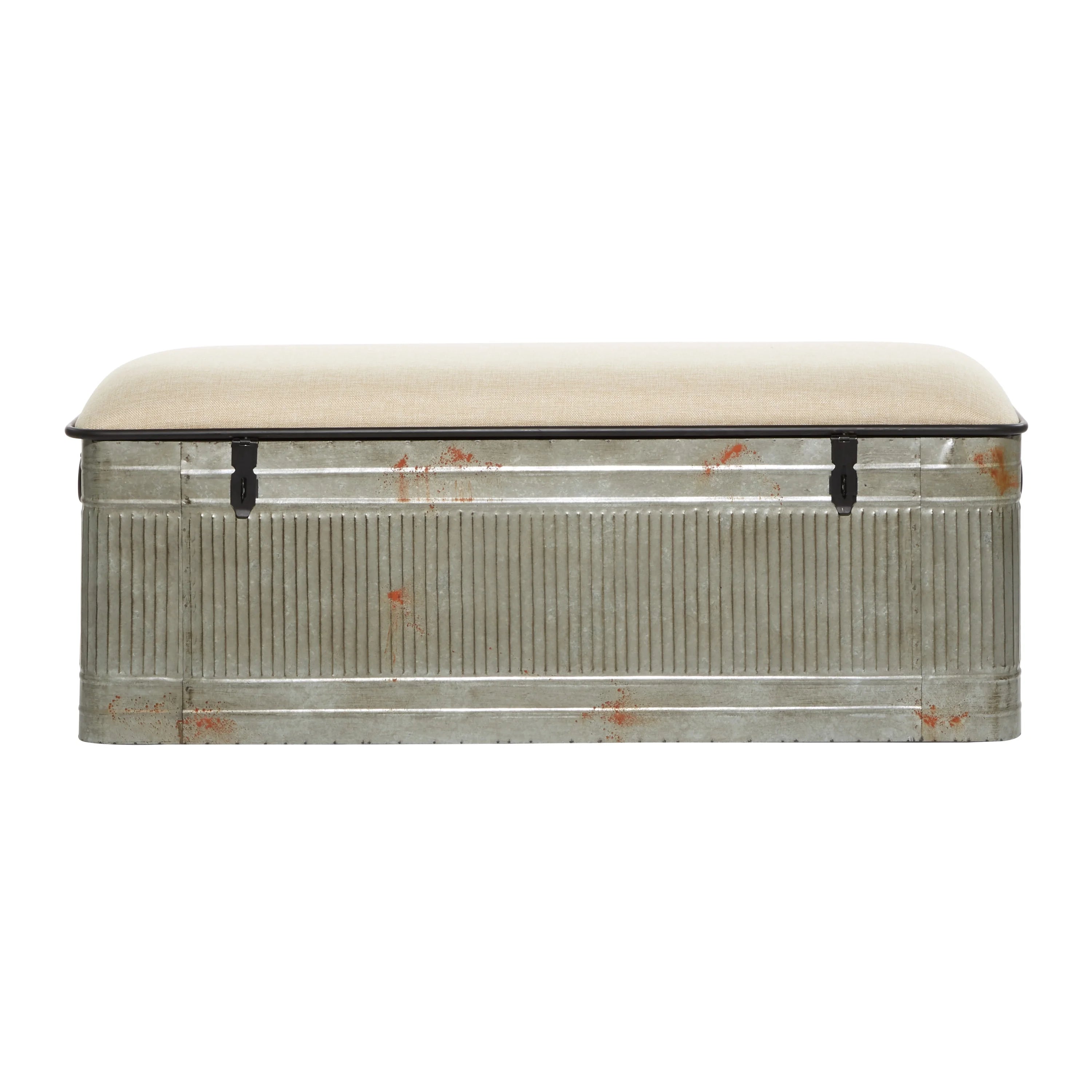 DecMode Metal Galvanized Storage Bench with Cream Burlap Top K1740