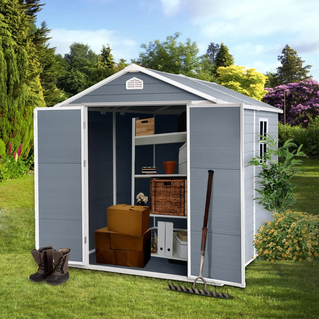 Outdoor Resin Storage Shed 8x6 ft with Lockable Door, Gray X86795