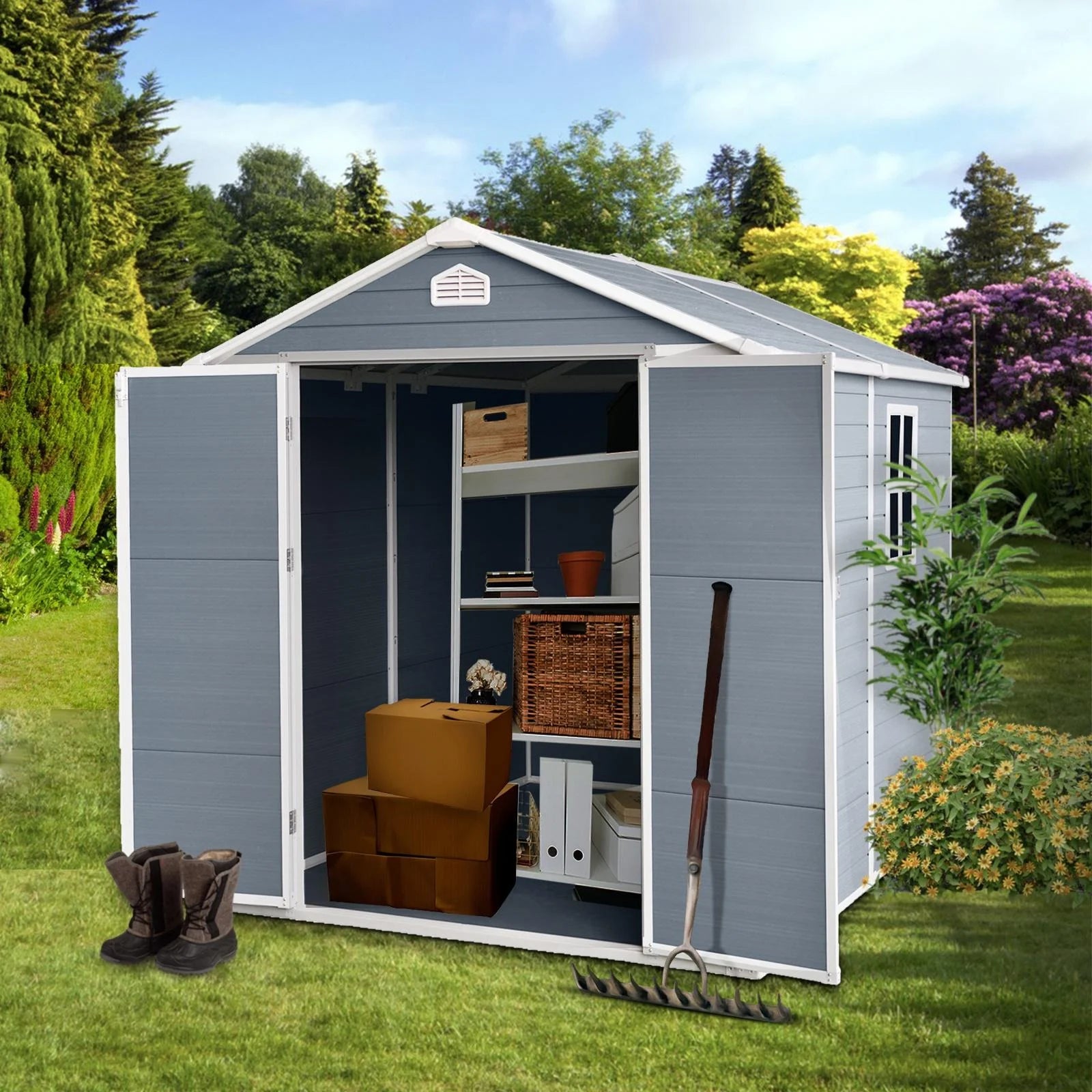 Outdoor Resin Storage Shed 8x6 ft with Lockable Door, Gray X86795