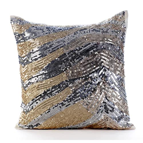 The HomeCentric Decorative Throw Pillow cover Gold Pack of 2, 16"x16" (40x40 cm) Jacquard Foil, Bead, Sequins, Hand Embroidery Pillowcases, Abstract Modern Style - Old World Gold