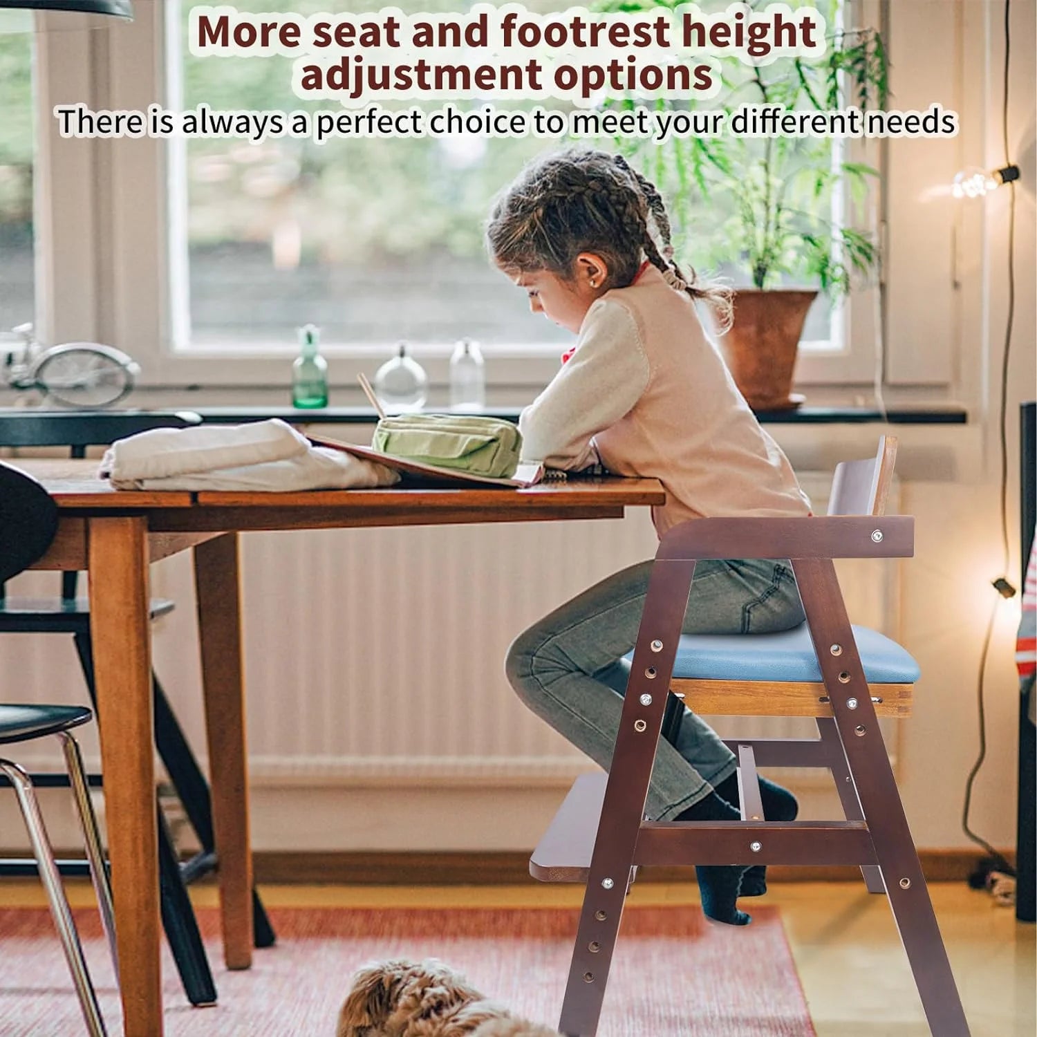 Wooden High Chair for Toddlers with Adjustable Levels and Waterproof Cushion E912911
