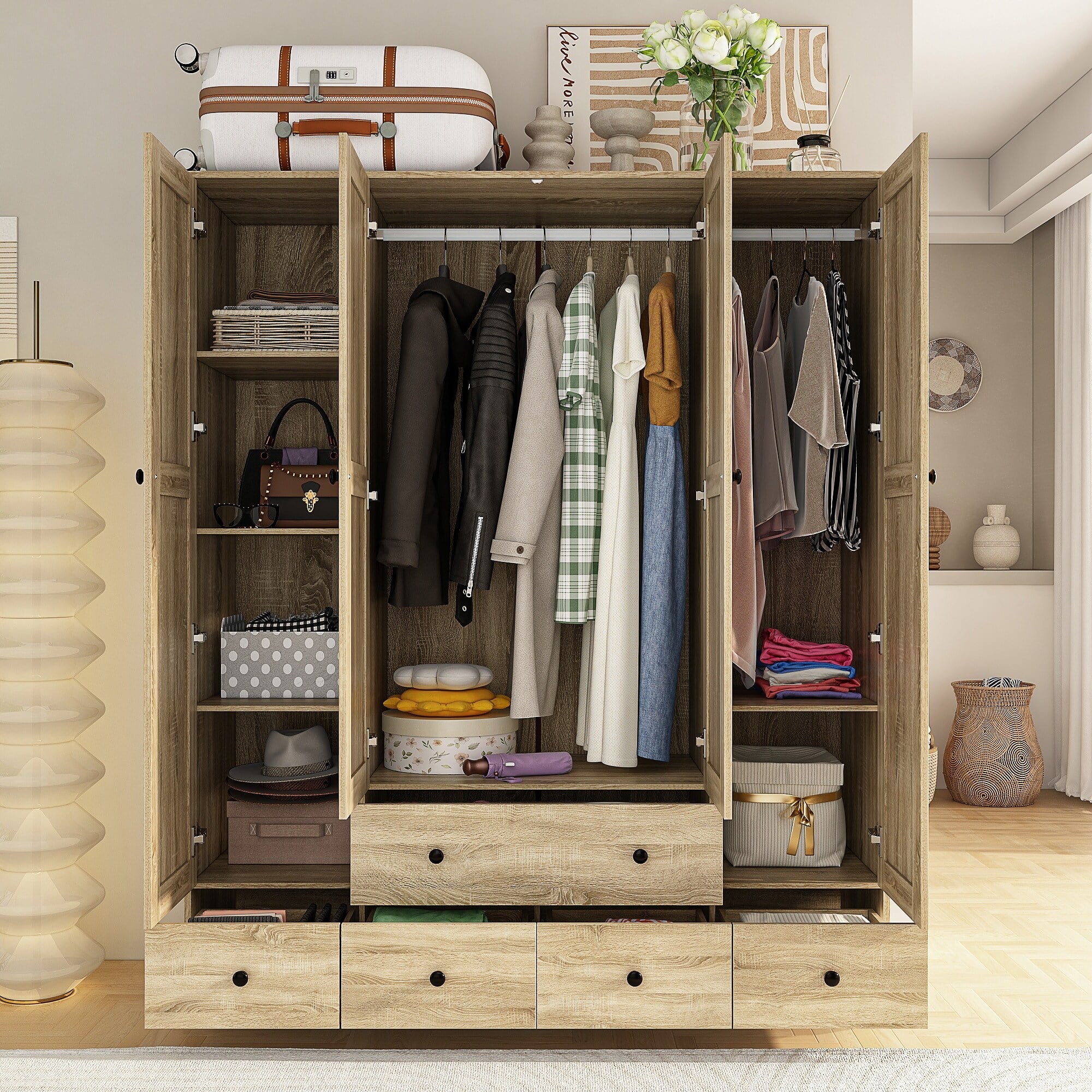 White Wood Freestanding Wardrobe Cabinet 59"W K733