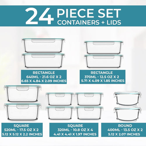 24 Pc Airtight Glass Food Storage Containers with Steam Release Valve E4611