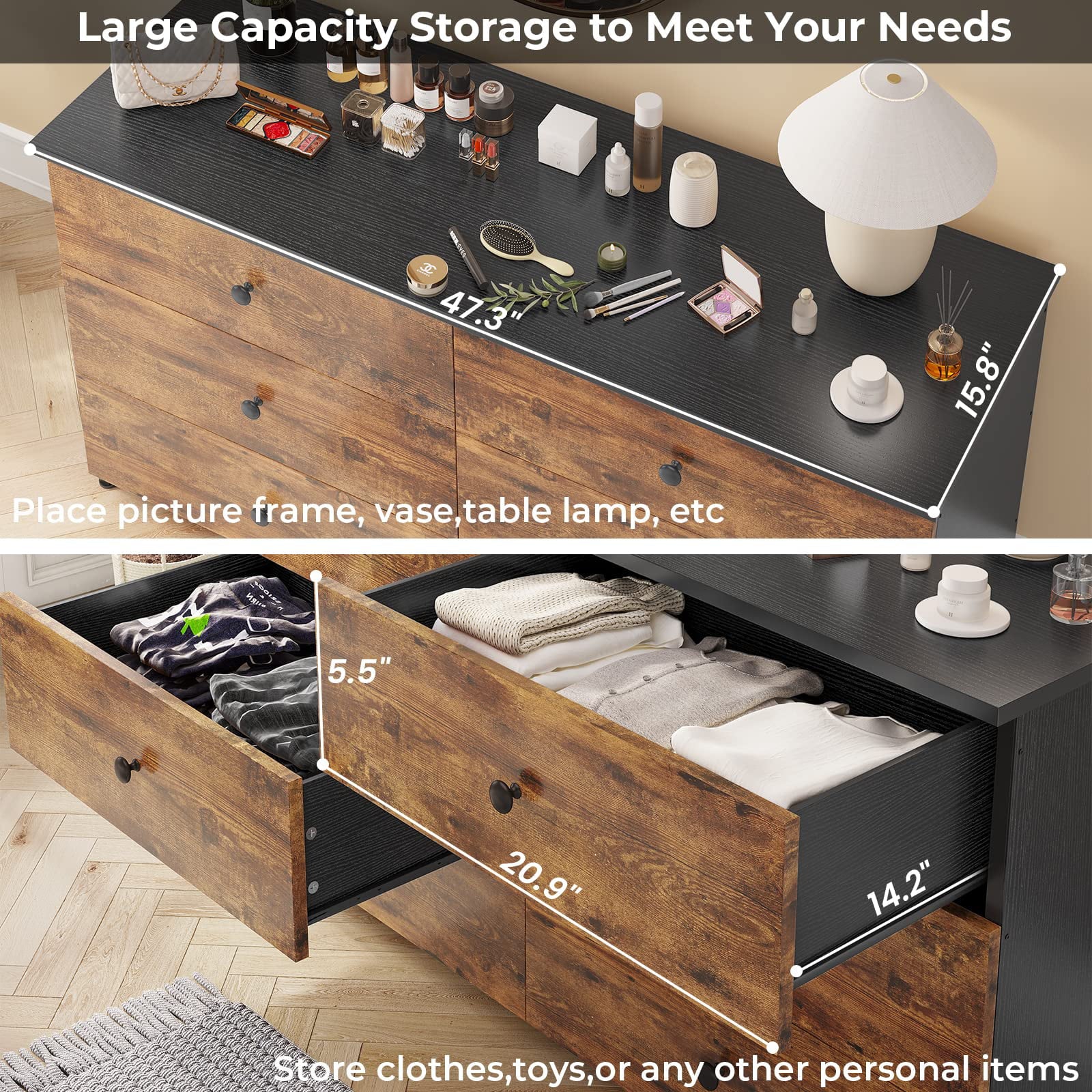 6 Drawer Double Dresser with Steel Frame, Wooden Storage Cabinet for Bedroom V120