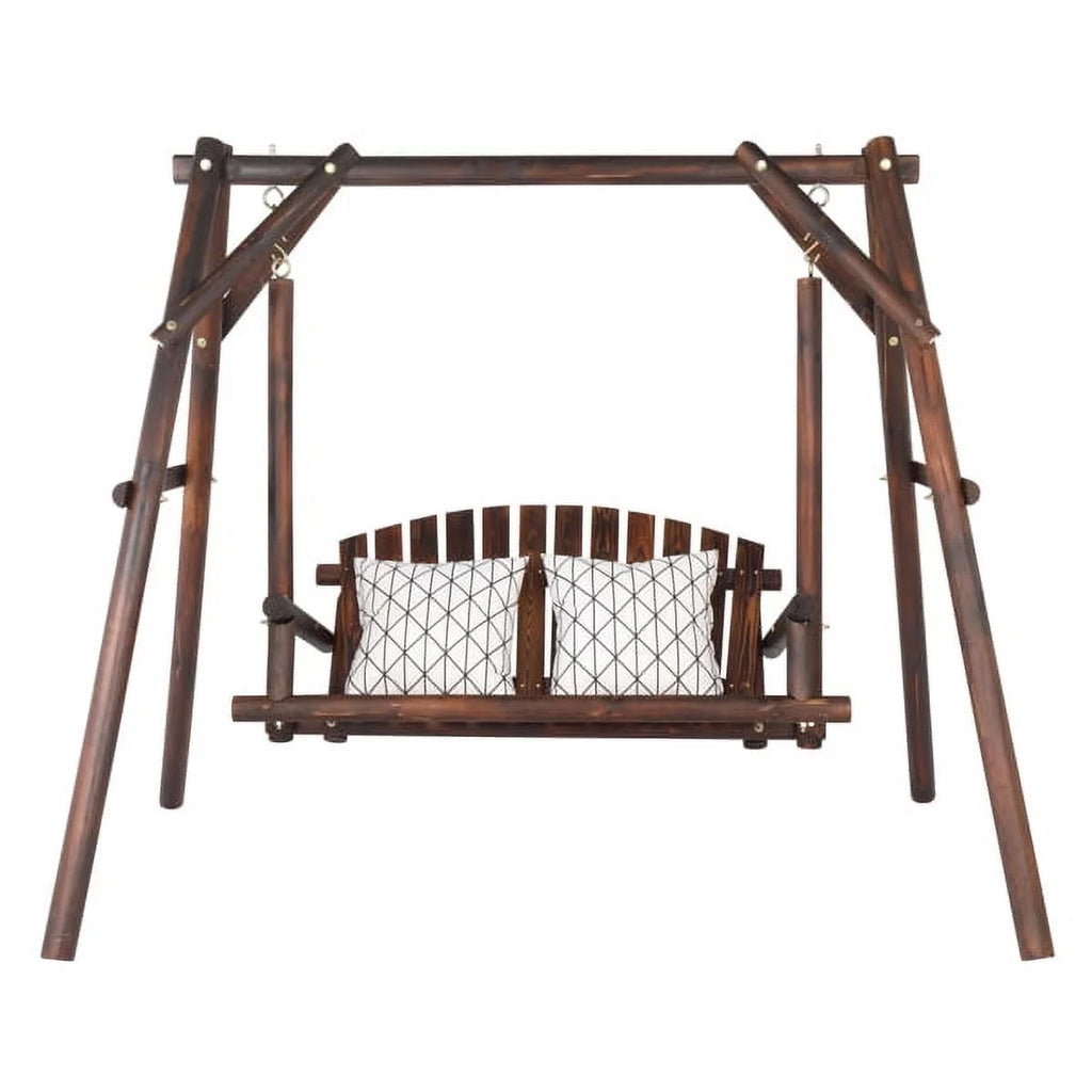 6.5ft Hardwood Patio Swing with Stand, Carbonized Loveseat for 2 G698