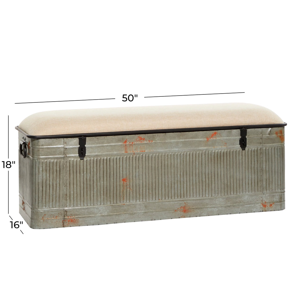 DecMode Metal Galvanized Storage Bench with Cream Burlap Top K1740