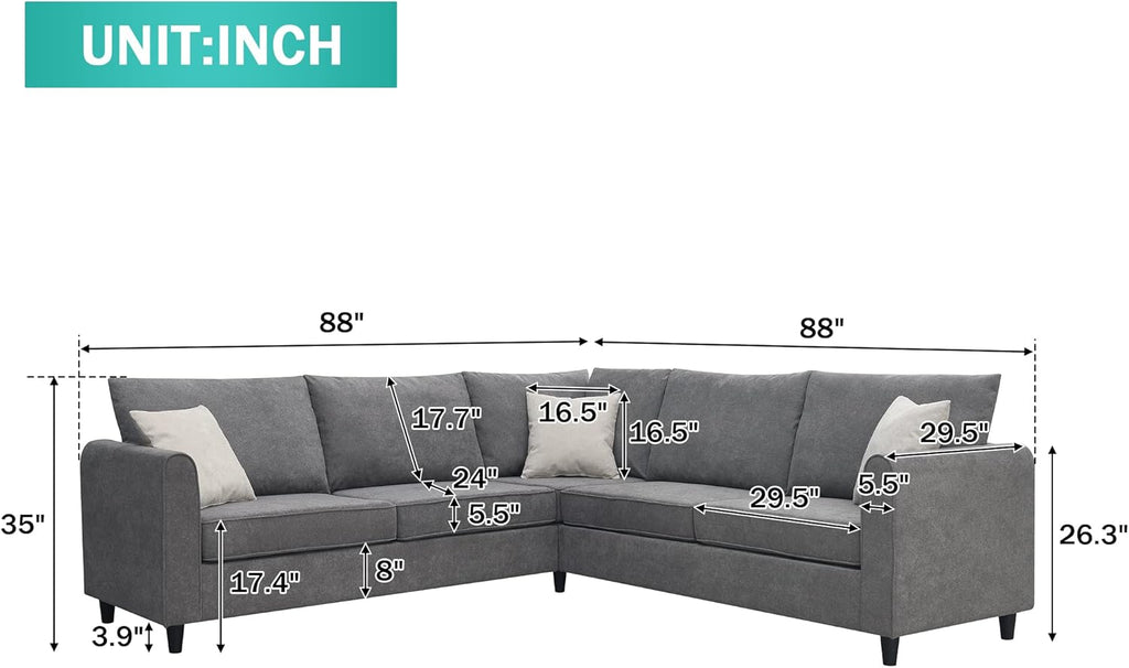 Harper & Bright Designs L-Shape Sectional Sofa with 3 Pillows, Gray N712
