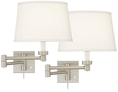 Possini Euro Design Swing Arm Wall Lamp Brushed Nickel Dimmable White Linen Shade Z78709