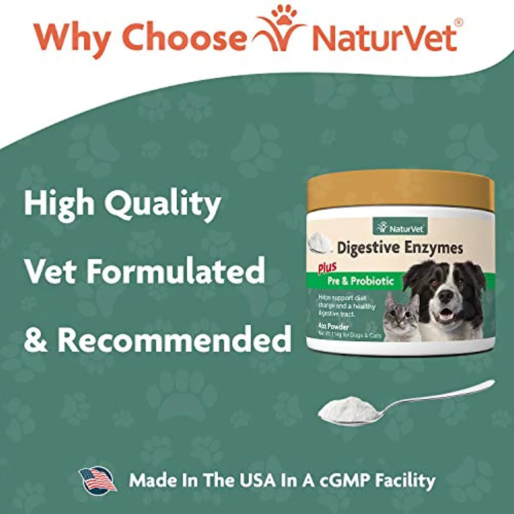 NaturVet Digestive Enzymes for Dogs & Cats, Probiotics & Prebiotics, 4 oz Powder S7111
