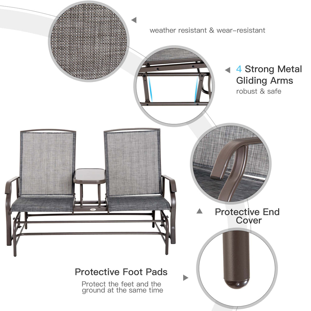 Outsunny Outdoor Glider Bench with Center Table, Metal Frame Patio Loveseat, Gray W632