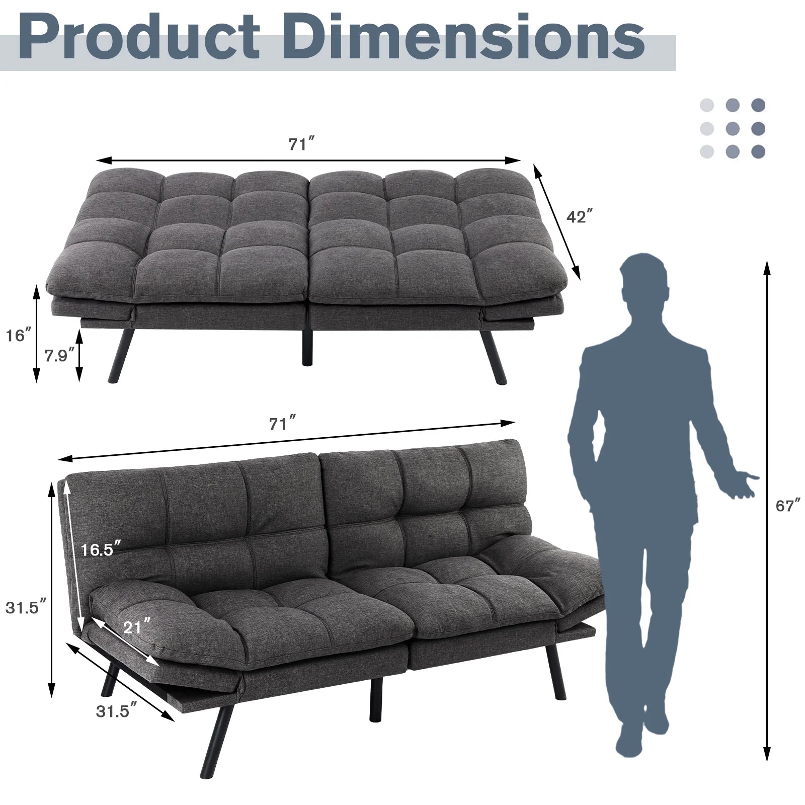 Futon Sofa Bed Memory Foam Convertible with Adjustable Backrest, Gray S303