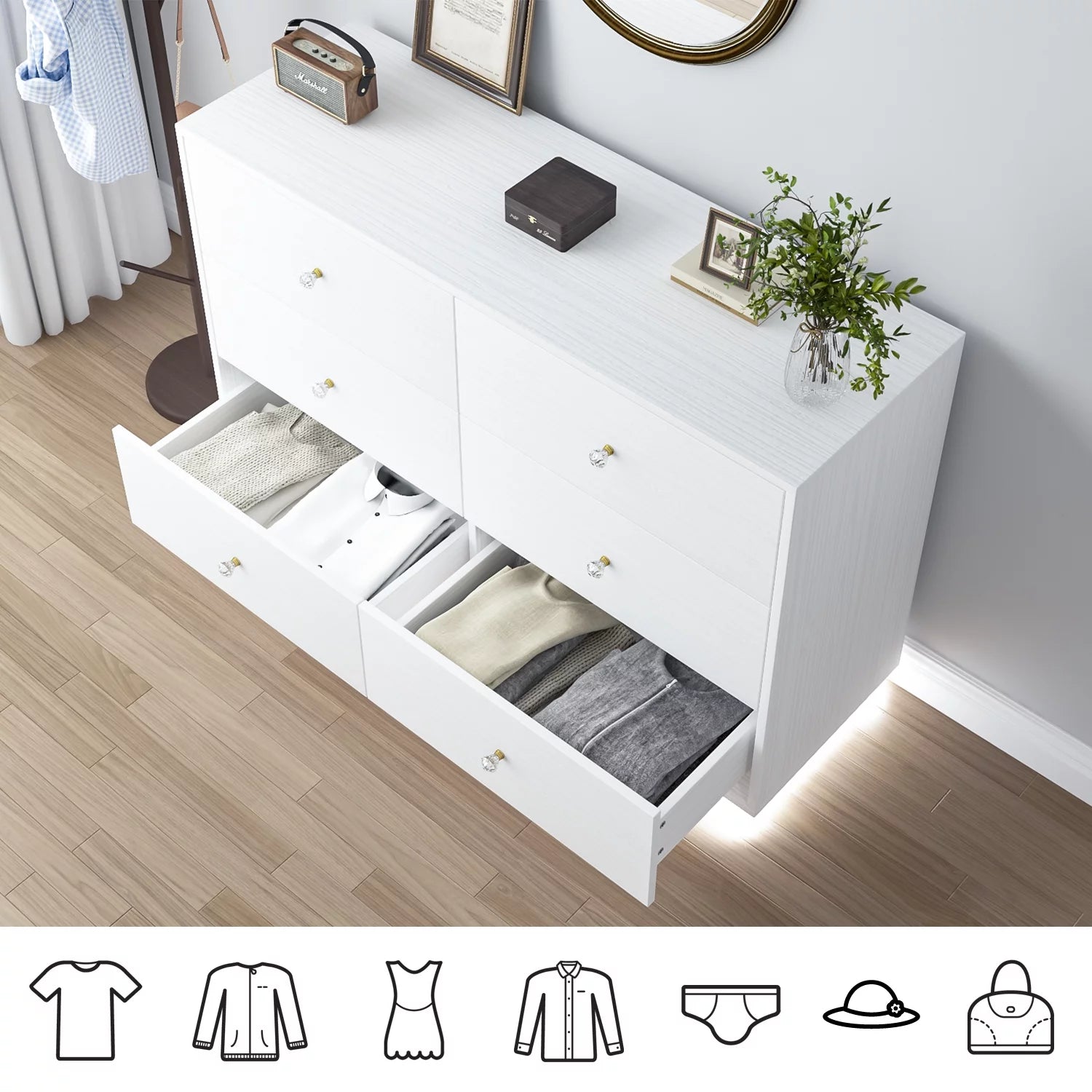 4 EVER WINNER Dresser with LED Light, White 6 Drawers for Bedroom V851432