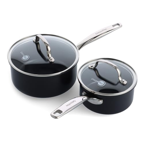GreenPan Chatham Black Prime Midnight Hard Anodized Healthy Ceramic Nonstick, 3QT Saucepan Pot with Lid, PFAS-Free, Dishwasher Safe, Oven Safe, Black