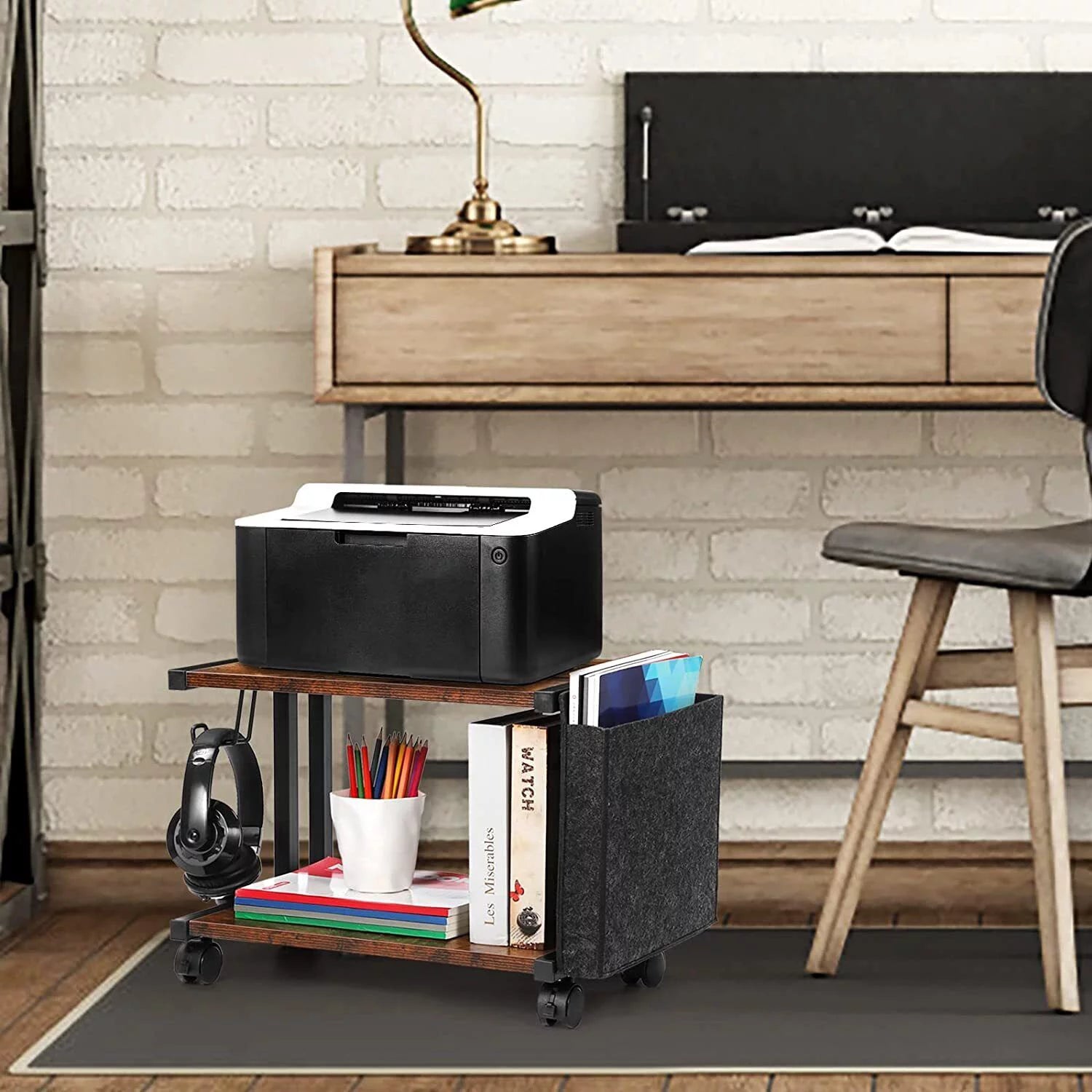 2-Tier Mobile Printer Stand with Storage, Under Desk Cart V92862