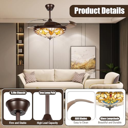 42 Inch Tiffany Style Stained Glass Ceiling Fan with Light and Remote Control A90632