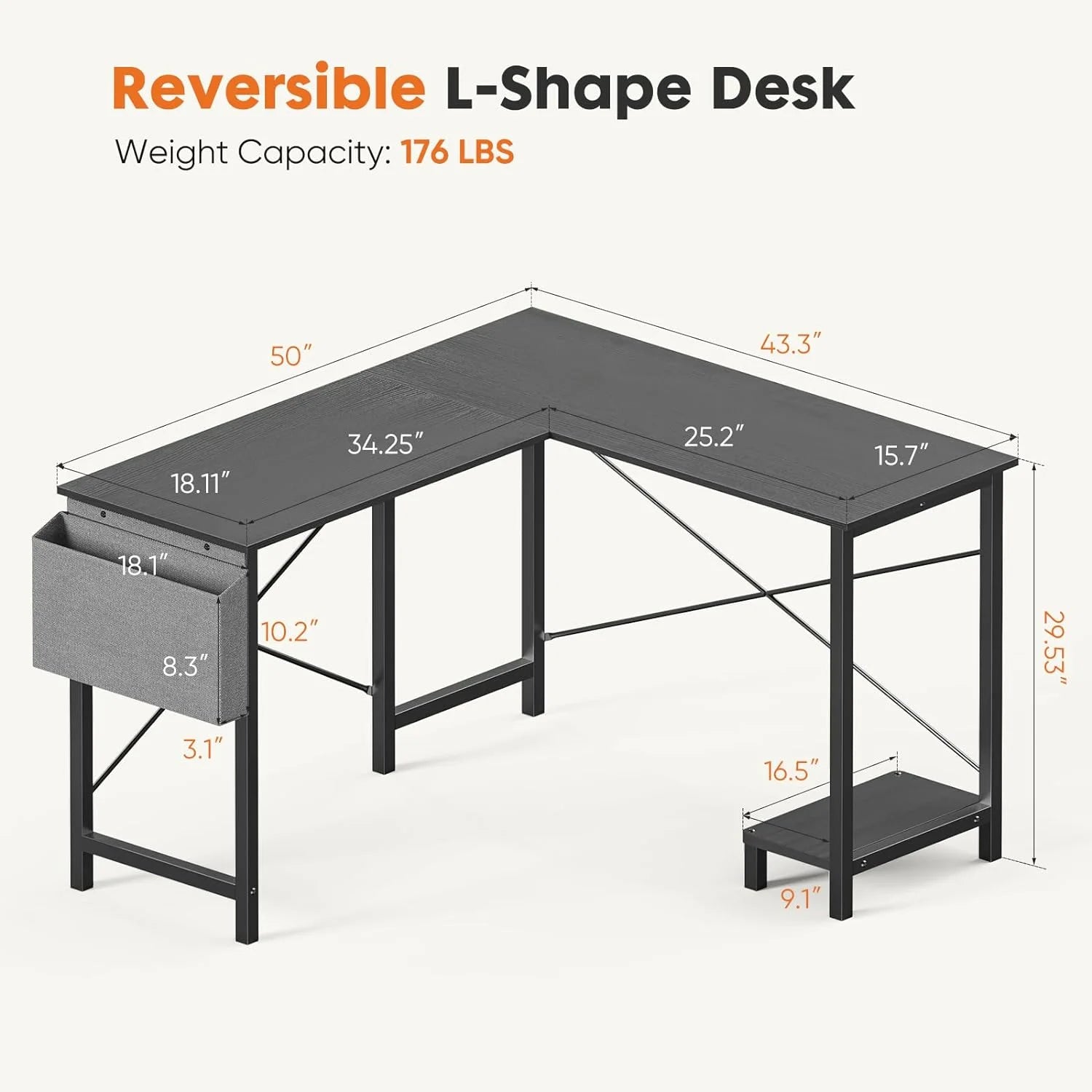 JIAH L Shaped Computer Desk 50 Inch with Wooden Desktop CPU Stand N745