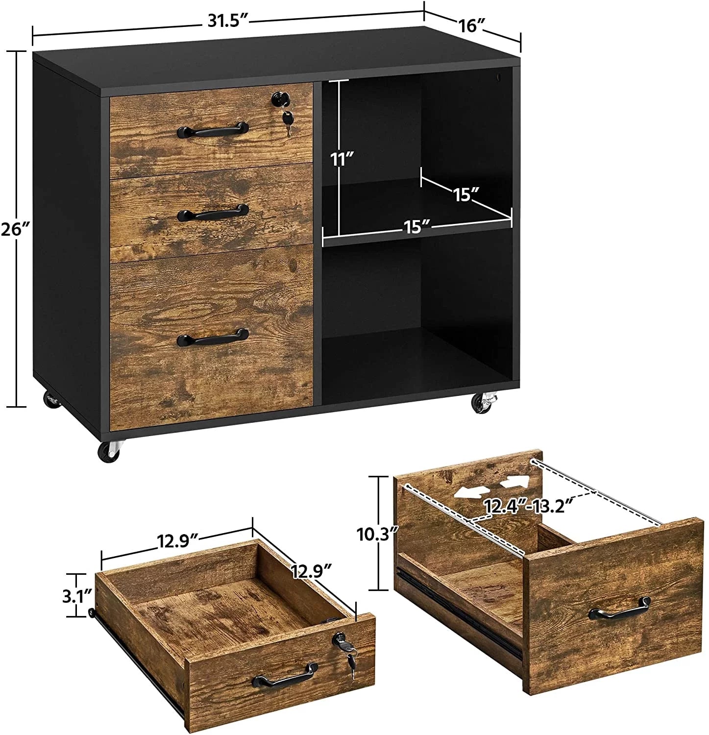 Black File Cabinet with Lock, 3 Drawer Lateral for Home Office O4008