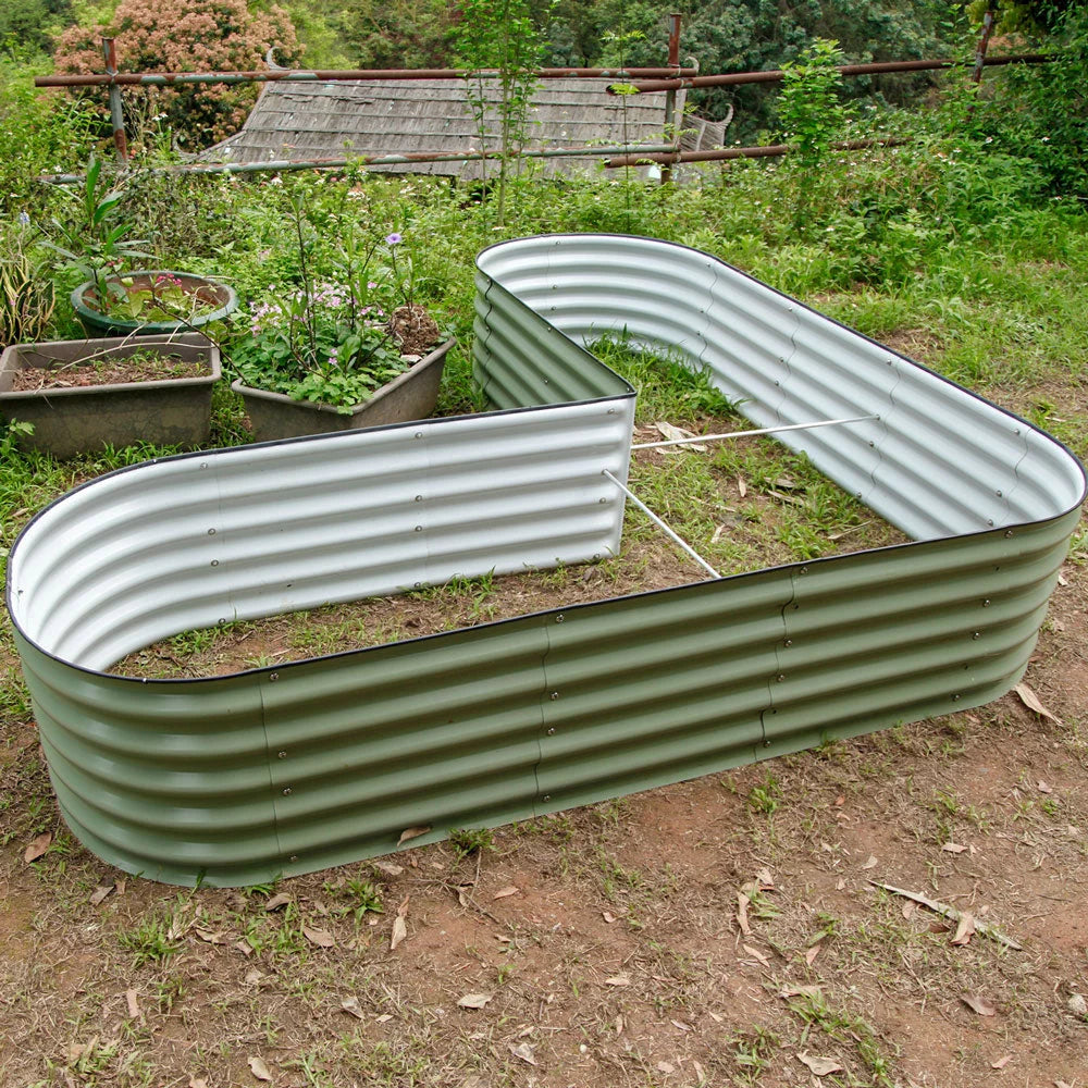 VEGEGA 17" Tall L-Shaped Modular Corrugated Metal Raised Garden Bed - Green C170843